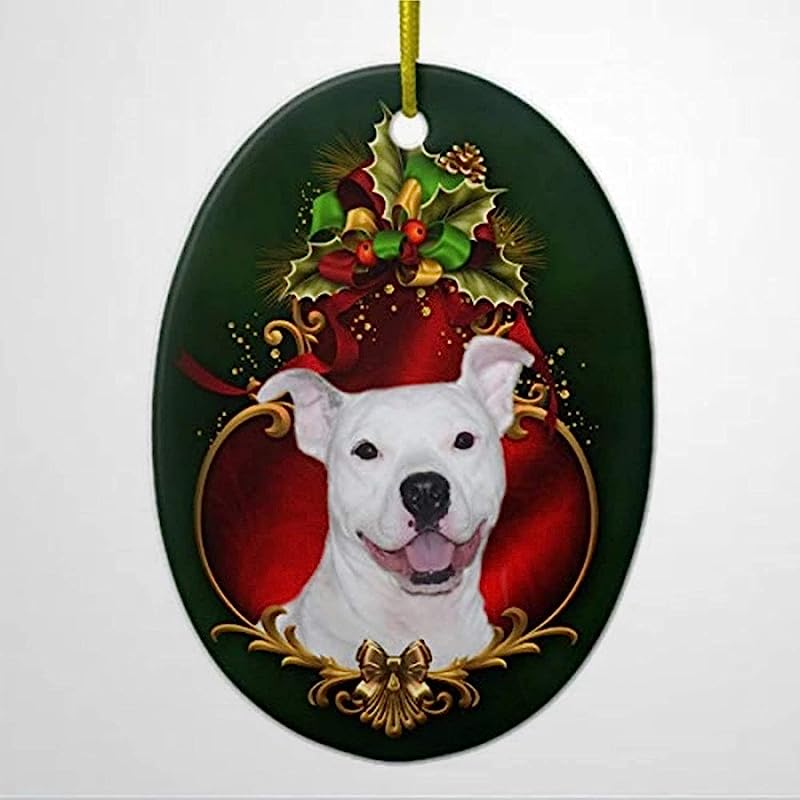White Pitbull Christmas Ceramic Ornament Christmas Ornaments Round Porcelain Best Memory Funny Gift For Birthday Keepsake Hanging