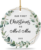  Newlyweds' First Christmas Hanging,Our First Christmas As Mr. And Mrs. Ornament,1St Wedding Christmas Decoration,Gift For Couple Married -2.9"" Circle Ceramic Ornament (First Christmas-03)