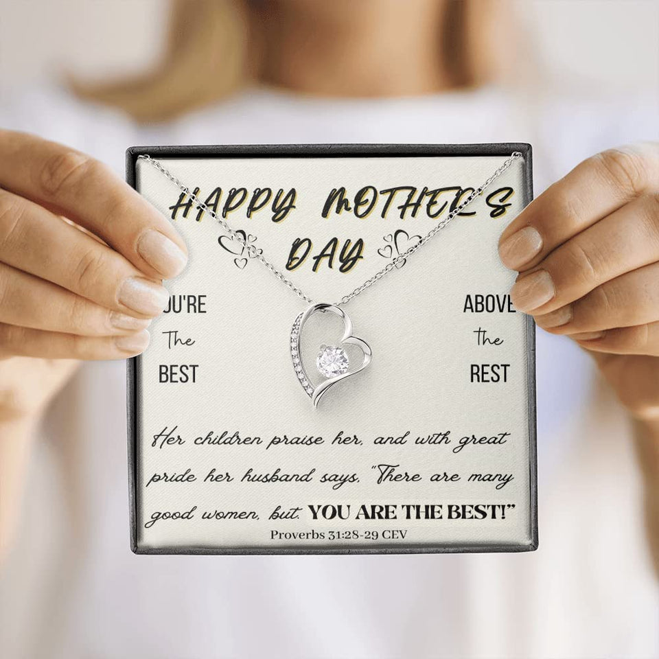 HAPPY MOTHER'S DAY Necklace Gift for Mom Forever Love Necklace With Message Card 14k White Gold Finish / Standard Box