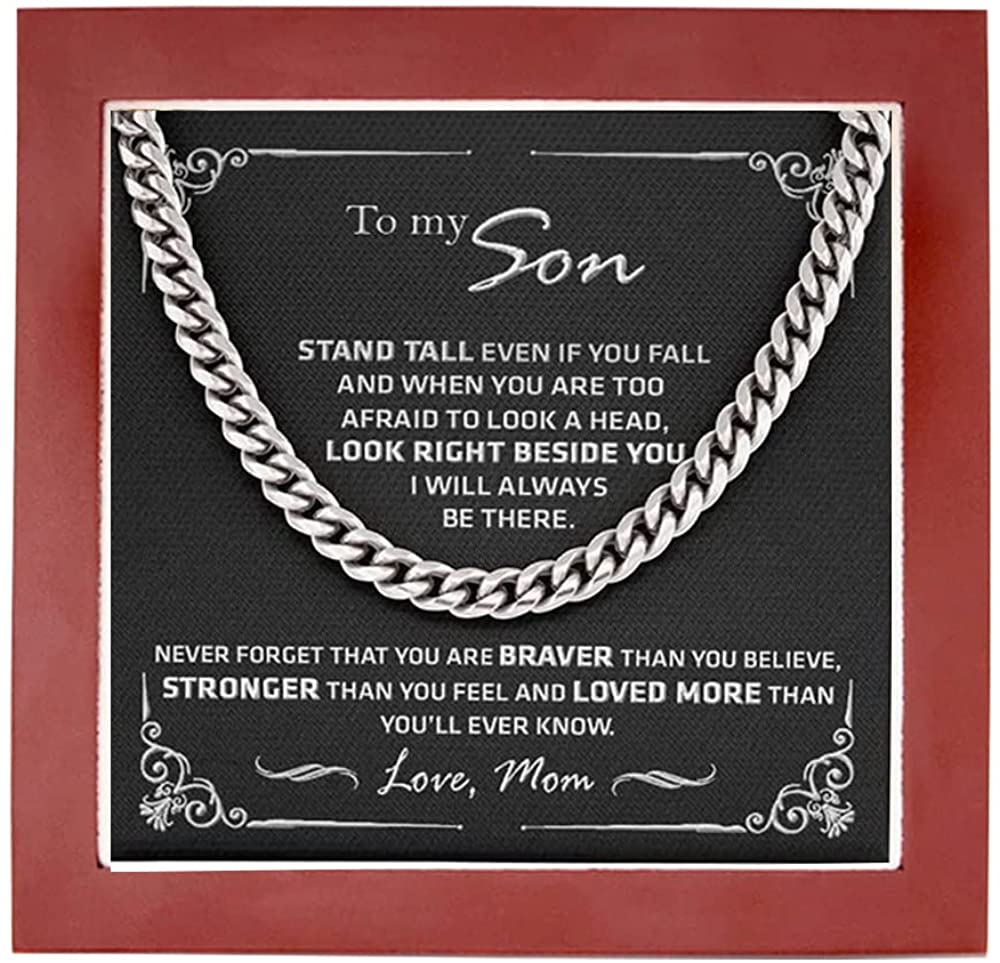 To My Son from Mom Necklace Look Right Beside You - Necklace Gift for Son from Mom, Cuban Chain Necklace for Son,Birthday