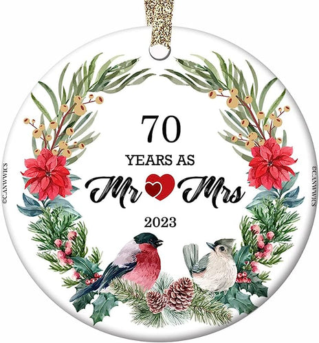 70 Years As Mr. And Mrs.  Lovebirds Ceramic Christmas Tree Ornament Collectible Holiday Keepsake 2.8