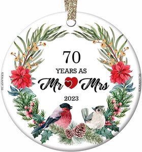70 Years As Mr. And Mrs.  Lovebirds Ceramic Christmas Tree Ornament Collectible Holiday Keepsake 2.8" Round Ornament In Decorative Gift Bag