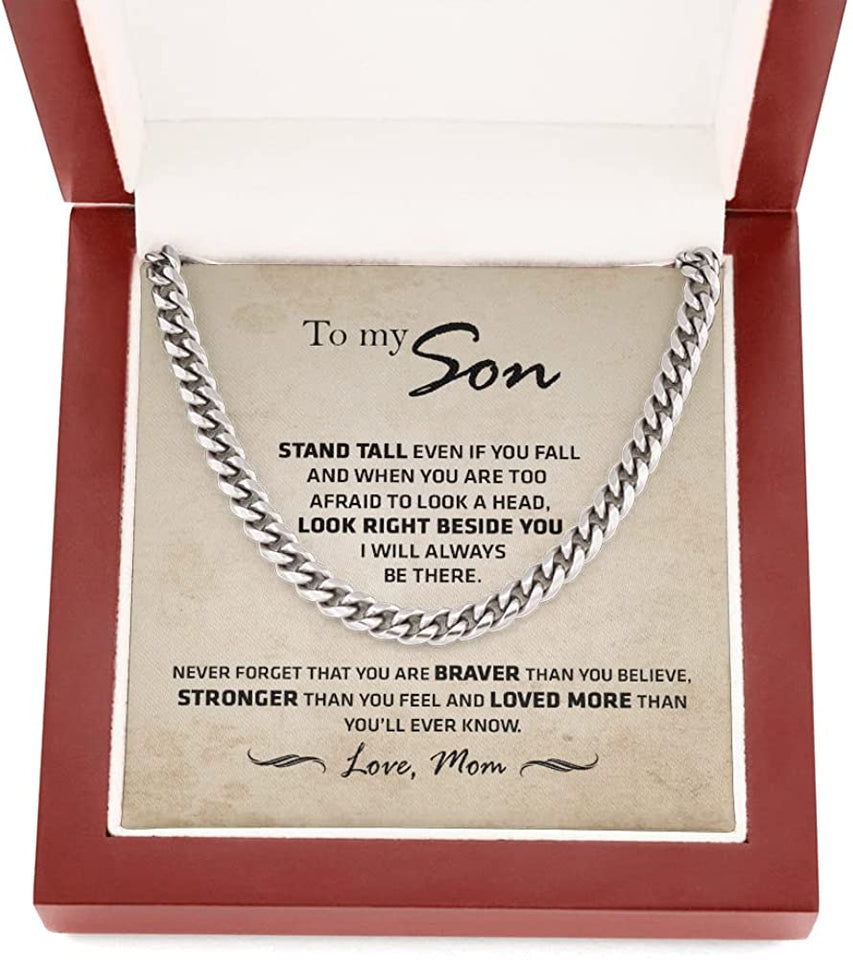 To My Son from Mom Necklace Stand tall even if you fall - Son Jewelry, Cuban Chain Necklace for Son, Mother to Son Gifts