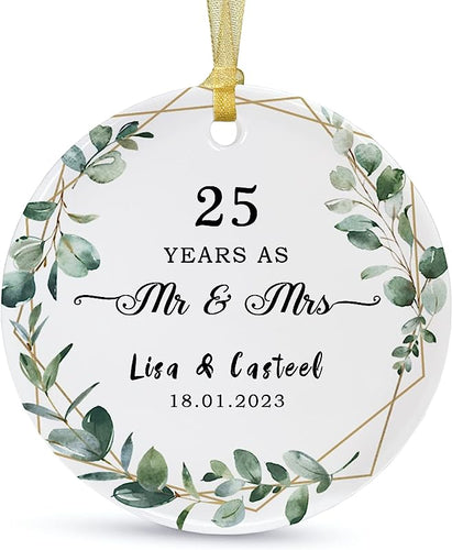 Customized Anniversary Ornament ,Anniversary Years As Mr And Mrs, Custom Wedding Anniversary For Couples, Personalized Ceramic For Anniversary Husband & Wife Married With Ribbon,Gift Box (2.9