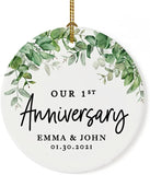 Andaz Press Personalized Our 1St Wedding Anniversary  Christmas Ornaments Greenery 2.8" Round Porcelain Ceramic First Year Married Custom Ornament Keepsake For Husband Wife 1-Pack