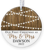 First Christmas As Mr & Mrs Ornament , Personalized Rustic 1St Married Christmas Ornament, Newlyweds Wedding Gift - 3" Flat Circle Porcelain Ceramic Ornament - Gold & Silver Ribbon   Pgm-Or-59