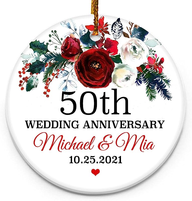 Customized Christmas Ornament Wedding 50Th Anniversary Ornament Ceramic White Circle 2.9 Inch