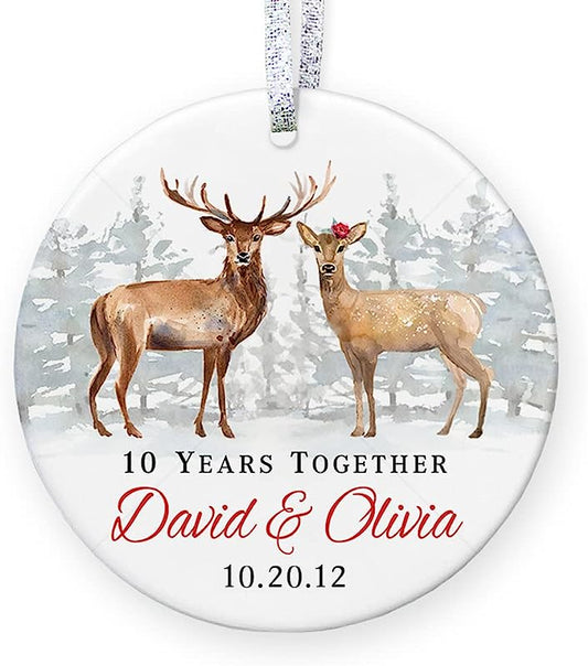 Anniversary Gift For Her, Personalized Christmas Ornament For Married Couple With Names Date, 1St 2Nd 5Th 10Th 20Th - 3" Flat Circle Watercolor Porcelain Ornament - Gold & Silver Ribbon   Pgm-Or-55D