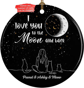 Personalized Christmas Ornament Love My Cats To The Moon And Back Meowy Christmas Ceramic Circle Ornament