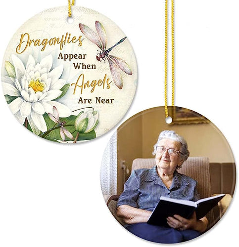 Theunifury Personalized Memorial Photo Ornament - Dragonflies Appear When Angels Are Near - Memorial Remembrance Loss Of Loved One Christmas Ornament Sympathy Grief Gift
