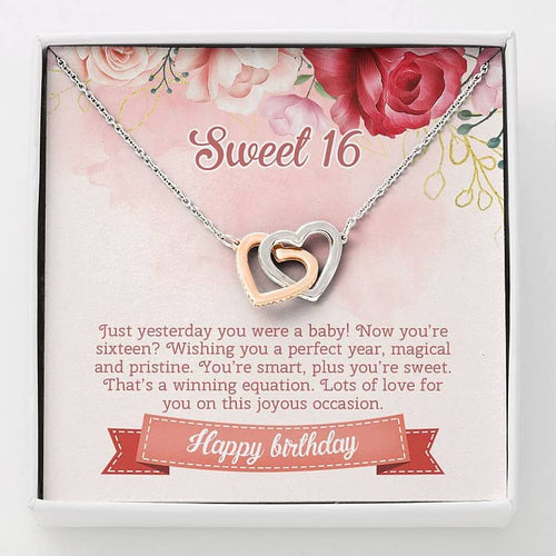 16th Birthday Neaklace Message Card Necklace16 Happy Birthday Interlocking Hearts Pendant Necklace Sweet Sixteen 16th