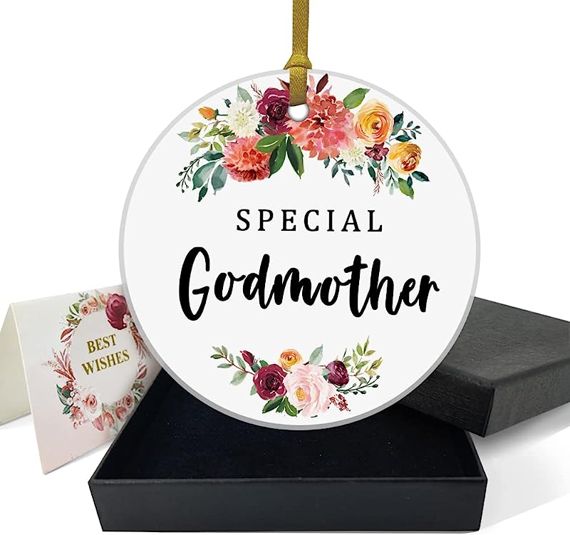 Best Gifts For Godmother From Godchild Special Godmother Christmas Ornament Birthday Decoration Keepsake Sign Round Plaque Gifts 3" Circle Ceramic Ornament With Gold Ribbon & Gift Box
