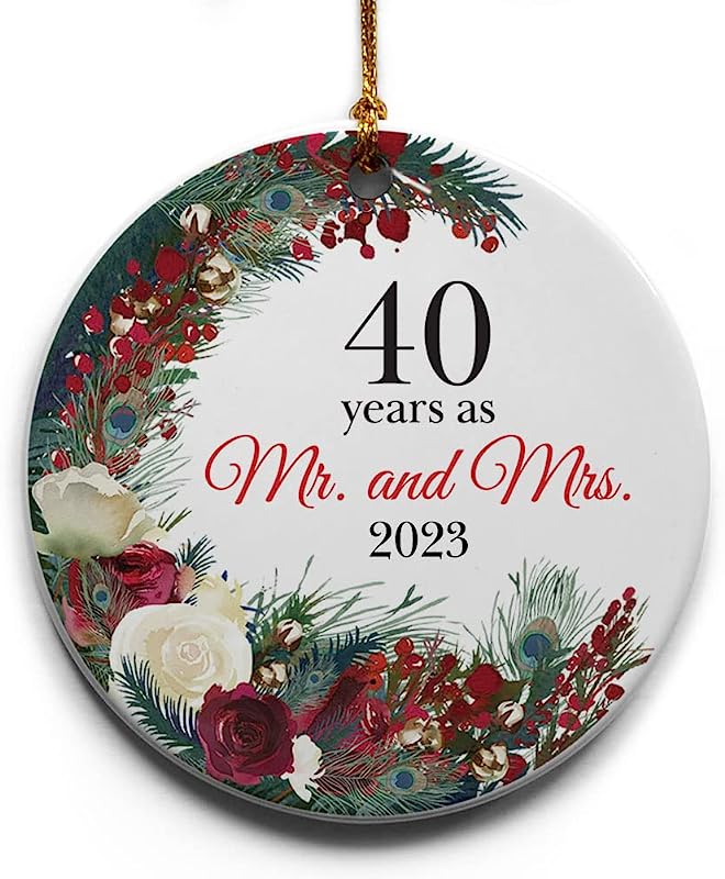 40Th Anniversary - 40 Years As Mr. And Mrs., Wreath Ceramic Christmas Tree Ornament Collectible Holiday Keepsake 2.875" Round Ornament In Decorative Gift Box With Bow, Perfect For Parents, Couple