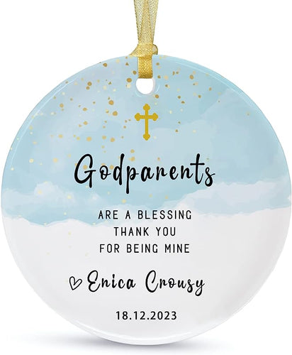 Customized Godparents Ornaments Gift,Custom Thank You For Being Mine Gift From Son And Daughter,Personalized Round Ceramic Ornament Keepsake Double Printed With Ribbon And Gift Bag (2.9