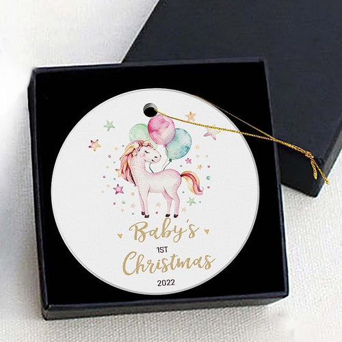 Babys First Christmas Ornament -Cute Pink Unicorn Christmas Ornaments  Round Ceramic Christmas Ornaments 3Inch Kids Christmas Ornaments With Gift Box Xmas Present