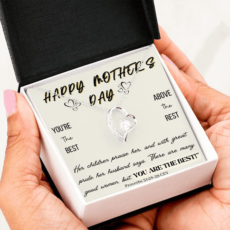 HAPPY MOTHER'S DAY Necklace Gift for Mom Forever Love Necklace With Message Card 14k White Gold Finish / Standard Box