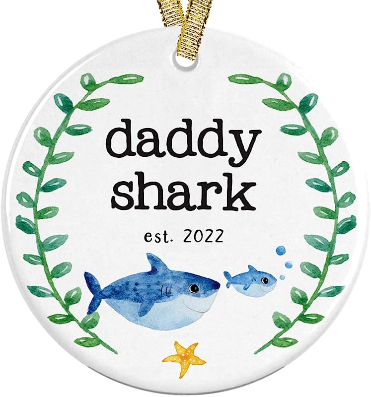 First Christmas As A Daddy Shark  New Dad Or Daddy Ceramic Round Ornament Present Idea, 3" Flat Circle With Metallic Gold Ribbon + Free Gift Box