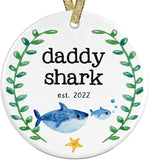 First Christmas As A Daddy Shark  New Dad Or Daddy Ceramic Round Ornament Present Idea, 3" Flat Circle With Metallic Gold Ribbon + Free Gift Box