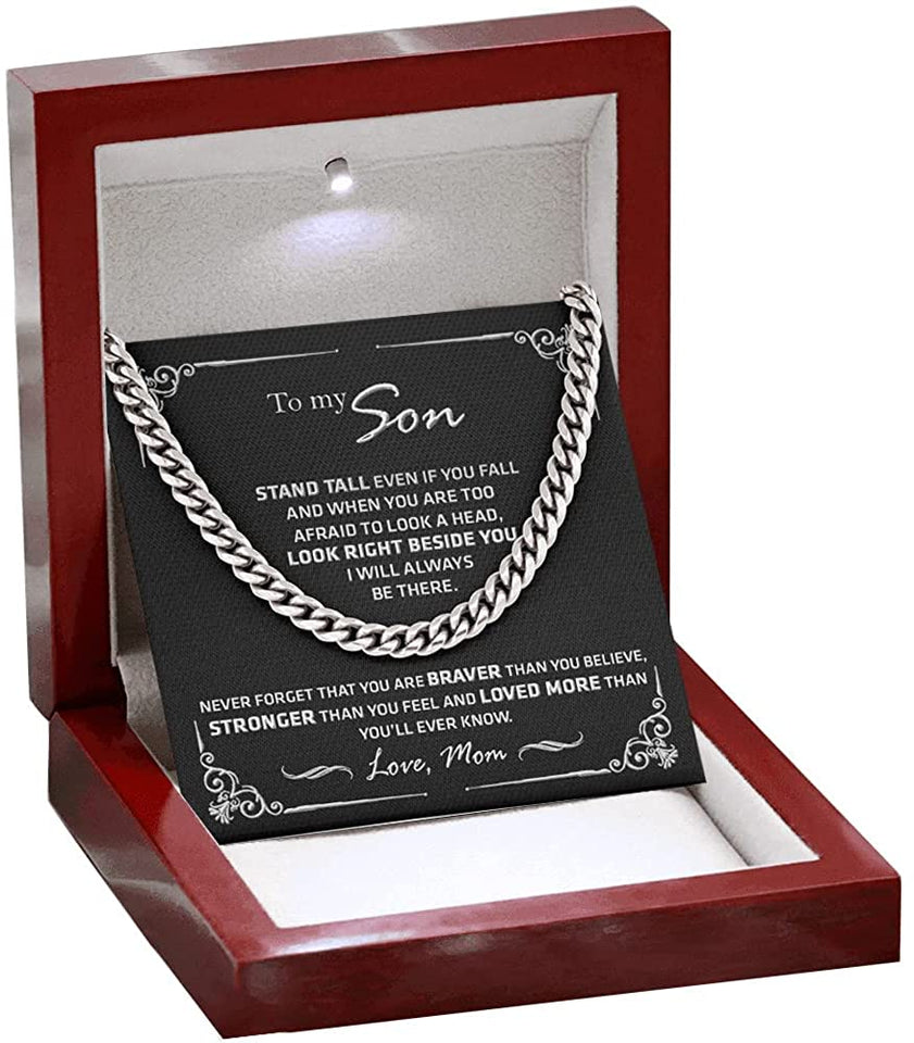 To My Son from Mom Necklace Look Right Beside You - Necklace Gift for Son from Mom, Cuban Chain Necklace for Son,Birthday