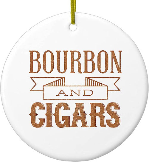 Hanging Ceramic Christmas Tree Ornament With Gold String - Great Gift/Present - 2 3/4 Inch Diameter - Bourbon And Cigars