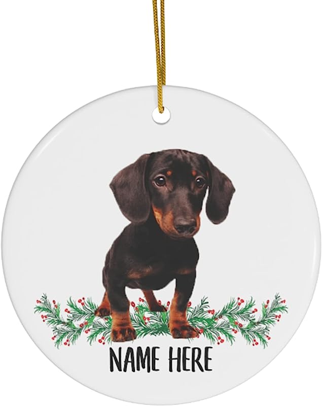 Funny Personalized Name Dachshund Black Orange Gifts  Christmas Tree Ornaments Circle Ceramic