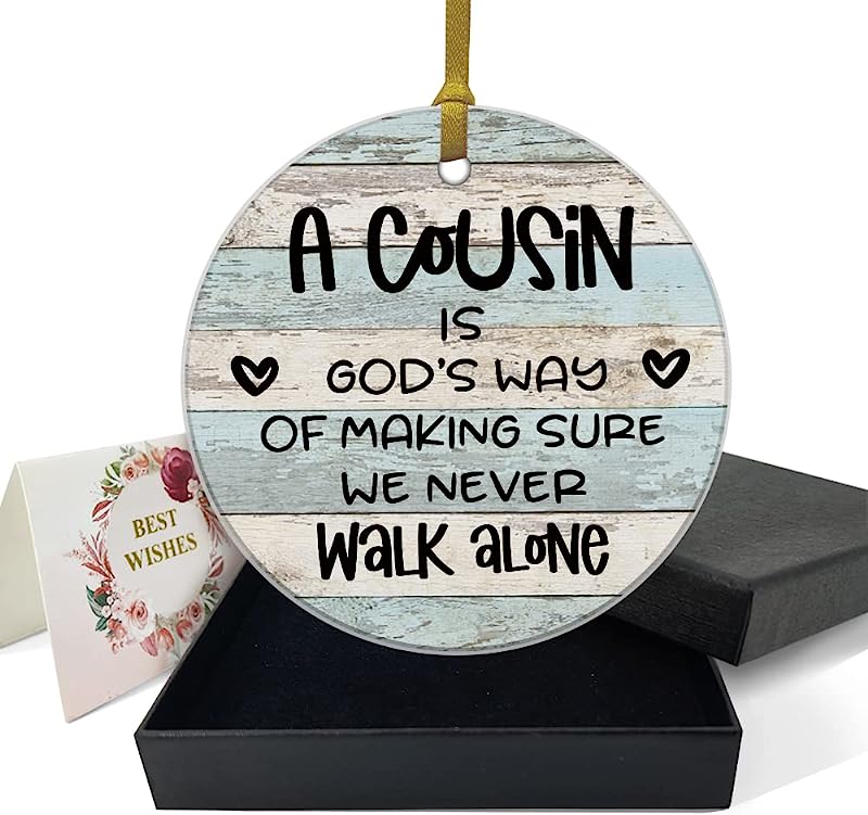 Best Cousin Gifts Thanksgiving Christmas Birthday Gifts For Cousin Round Plaque Gifts For Cousin Memorial Ornament Gifts For Relatives 3" Circle Ceramic Ornament With Gold Ribbon & Gift Box