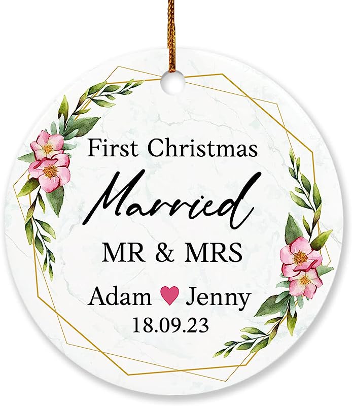 Personalized First Christmas Married Mr & Mrs Marble Ornament, Our 1St Xmas Married Ornaments Christmas , Customized Name Wedding Christmas Married Ornament Gift For Couple/Bride Groom