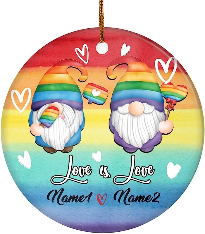 Personalized Gnome Couple Lgbt Ornament Couple Lgbtq Christmas Tree Gay Lesbian Rainbow Friend Lovers Love Is Pride Customized Christmas Tree Ornament Circle White 253 253