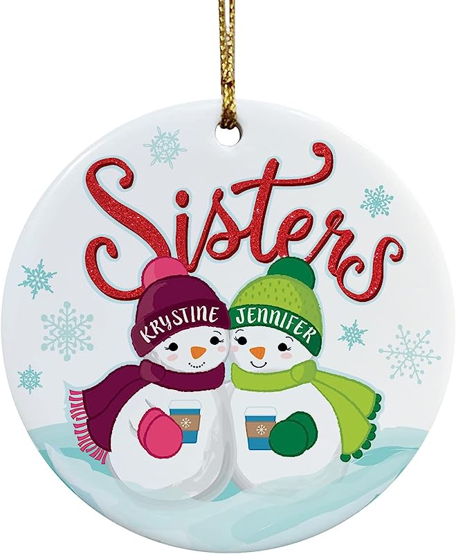 Personalized Planet Two Snow Sisters Christmas Tree Ornament With Custom Names Printed   3" Porcelain Round Decoration   Ready To Hang