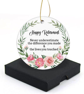 Happy Retirement Christmas Ornament  Round Christmas Tree Ornaments Keepsake Gifts For Retirement Perfect Retirement Gifts For Women Or Men Flat Circle Ceramic Ornament 3" With A Gift Box