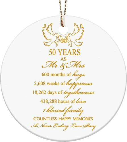 50Th Wedding Anniversary Ornament Mr And Mrs 50 Years Anniversary Golden Gift Wedding Anniversary Decorations Ceramic Ornament  For Parents, Couple, Grandparents And Friends, 3 Inch