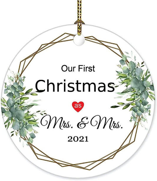 Lesbian Newlywed Christmas Ornament First Christmas As Mrs & Mrs Ornament Same Sex Wedding Ornament 1St Christmas Ornament Ceramic Keepsake 3" Xmas Tree Decoration