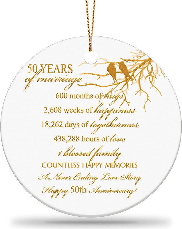 Wedding Anniversary Ornament Years Of Marriage Gift Round Ceramic Christmas Tree Ornament Marriage Collectible Holiday Keepsake Decoration Gift For Couple Parent Husband Wife (50Th Anniversary)