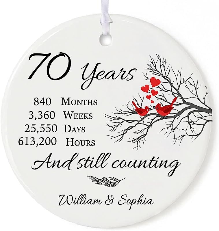 70Th Wedding Anniversary Ornaments Personalized 70 Years Of Marriage Gifts For Couples Lovers Parents Wife Husband Engaged Bird Lovers Xmas Tree Decorations White 2.9