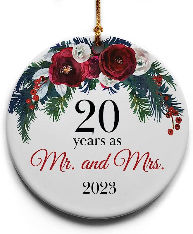 20 Years As Mr. And Mrs. Ceramic Christmas Tree Ornament Collectible Holiday Keepsake 2.875" Round Ornament In Decorative Gift Box With Bow- Perfect 20Th Wedding
