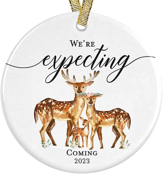 We'Re Expecting Coming  Deer Family Of Three Pregnancy Announcement Ceramic Round Ornament, 3" Flat Circle With Metallic Gold Ribbon + Free Gift Box