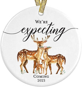 We'Re Expecting Coming  Deer Family Of Three Pregnancy Announcement Ceramic Round Ornament, 3" Flat Circle With Metallic Gold Ribbon + Free Gift Box