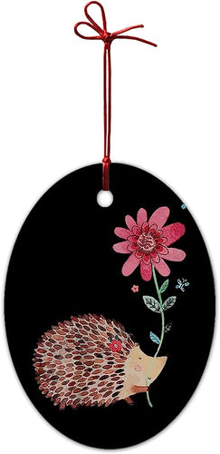 Christmas Ornament Cute Vintage Hedgehog Amp Flower Personalized First Christmas Tree Ceramics Oval Ornament Pendant Decoration Hanging Home Decor, Iwaz-09
