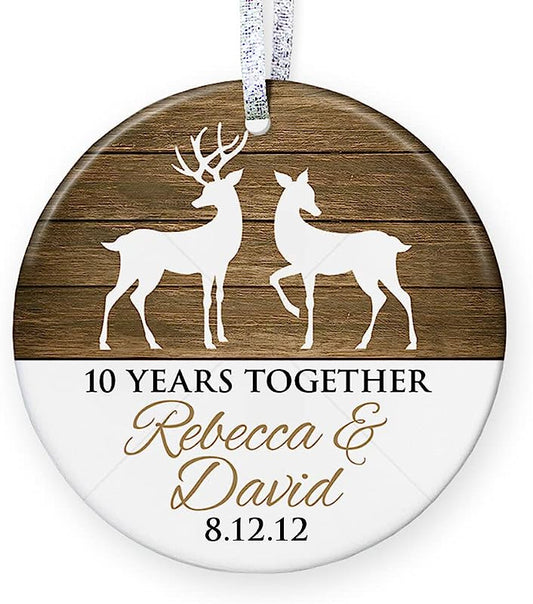 Personalized Anniversary Gift, 1St 5Th 10Th 20Th Anniversary Christmas Ornament , Rustic Keepsake For Husband Wife - 3" Flat Circle Porcelain Ceramic Ornament - Gold & Silver Ribbon   Pgm-Or-32