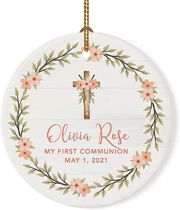 Andaz Press Personalized Round Ceramic Porcelain Christmas Tree Ornament Keepsake Collectible Gift, Olivia Rose Carter, My First Communion May 1, , Peach Florals Greenery, 1-Pack