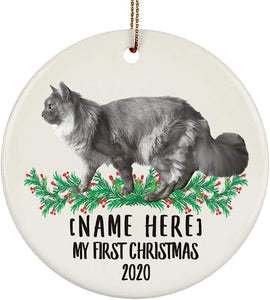 Lovesout Personalized Name Custom Year Maine Coon Cat Gray New Years 2024 Decorations Gifts First  Christmas Tree Ornaments Ceramic Circle