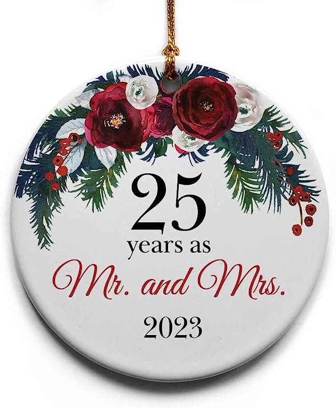 25 Years As Mr. And Mrs. Ceramic Christmas Tree Ornament Collectible Holiday Keepsake 2.875" Round Ornament In Decorative Gift Box With Bow- Perfect 25Th Wedding