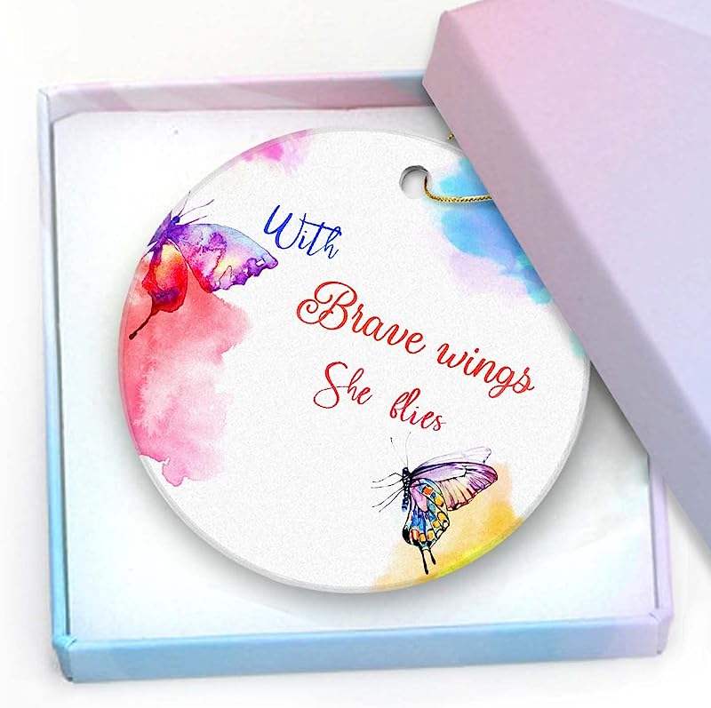 Memorial Gift-With Brave Wings She Flies Butterflies In Remembrance Ornament,Sympathy Ornament, Condolence Ornament, Memorial Ornaments For Loss Of Loved One Sympathy Gift With Gift Box