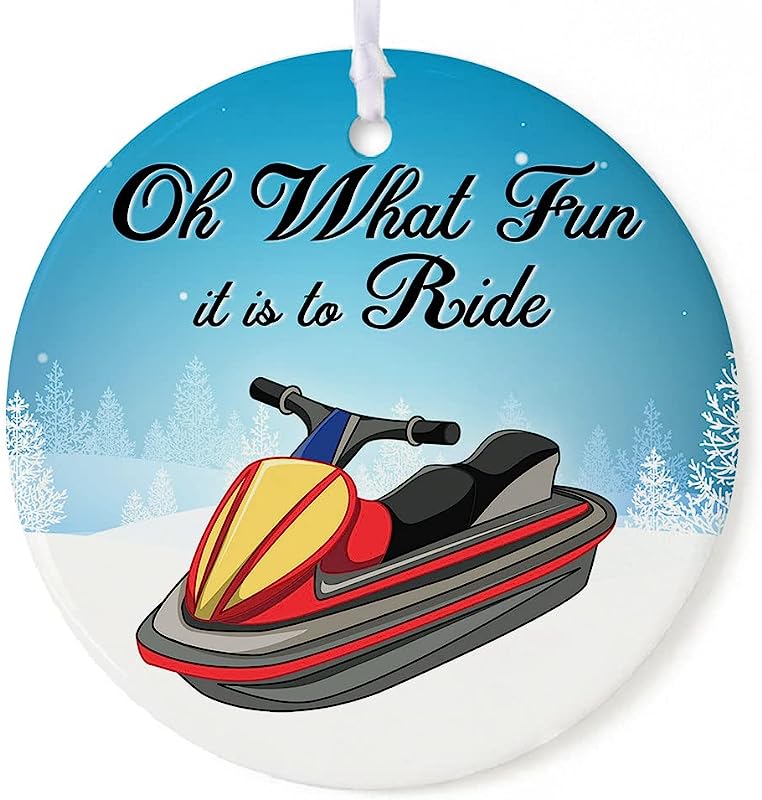 Jet-Ski Christmas Ornaments Oh What Fun It Is To Ride Christmas Funny Keepsake Decorations Ceramic Ornament Circle 2.9" White Gifts For Family Friends Coworkers