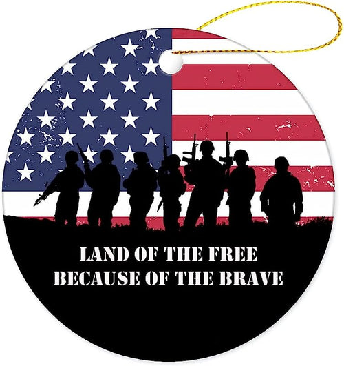 Land Of The Free Because Of The Brave Porcelain Ornament Military Wreath Ceramic Round Ornament Holiday Present Keepsake Gift For Best Friends New Year Baby Shower Christmas Tree Decor
