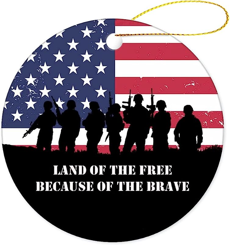 Land Of The Free Because Of The Brave Porcelain Ornament Military Wreath Ceramic Round Ornament Holiday Present Keepsake Gift For Best Friends New Year Baby Shower Christmas Tree Decor
