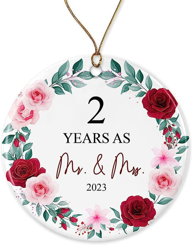 2 Years As Mr. & Mrs. Christmas Ornament  - Christmas Ornament Gift For 2 Years Couple Husband & Wife Married - Holiday Decoration Gift For 2Nd Wedding Anniversary Printed On One Side