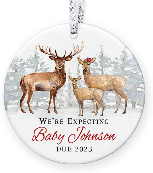 Mommy & Daddy Expecting Ornament , Personalized New Mother & Father Watercolor Baby Reveal, 1St Christmas Mom & Dad - 3" Flat Circle Porcelain Boho Ornament - Gold & Silver Ribbon   Pgm-Or-57