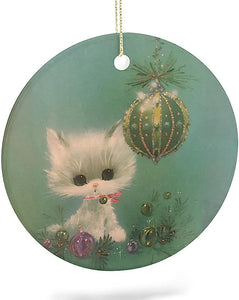  Christmas Ceramic Ornament Cute Cat And Lantern Round Porcelain Pendant Christmas Tree Hanging Decor Winter Holiday Home Decoration For Window Door Memorial Gift Idea, White, 3''