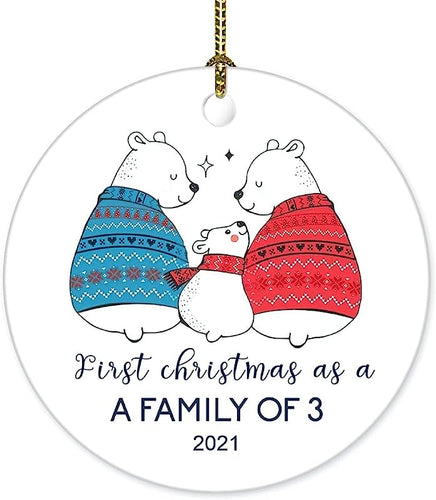First Christmas As A Family Of 3 Christmas Ornament Bear Keepsake Gift For Babys New Parents Holiday Xmas Tree Decorations Flat Circle Ceramic Ornament 3 Inch